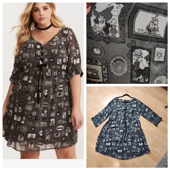Torrid Disney Villains Grey Frame Print Lace Up Shirt Dress Size 1X Sheer - Picture 1 of 16